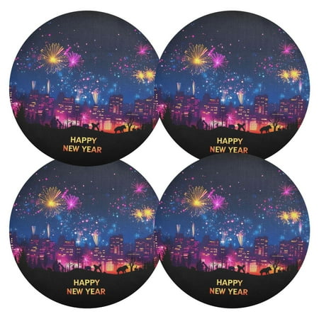 

joogoo Fireworks New Year Scene Round Plate Mats for Dining Table Placemat Set of 4 Holiday Decoration