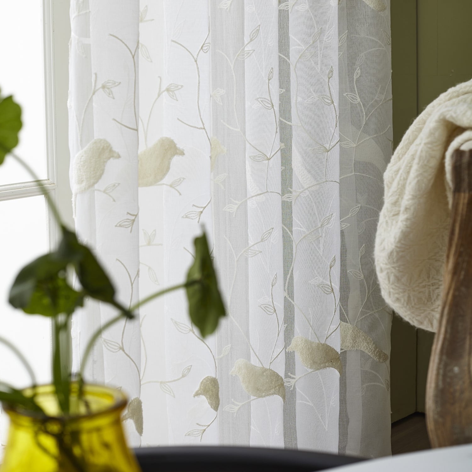 VOGOL White Birds Embroidered Sheer Curtains, Window Curtain Sheer Voile Panels for Living Room Bedroom, 52x84, Set of 2, Rod Pocket