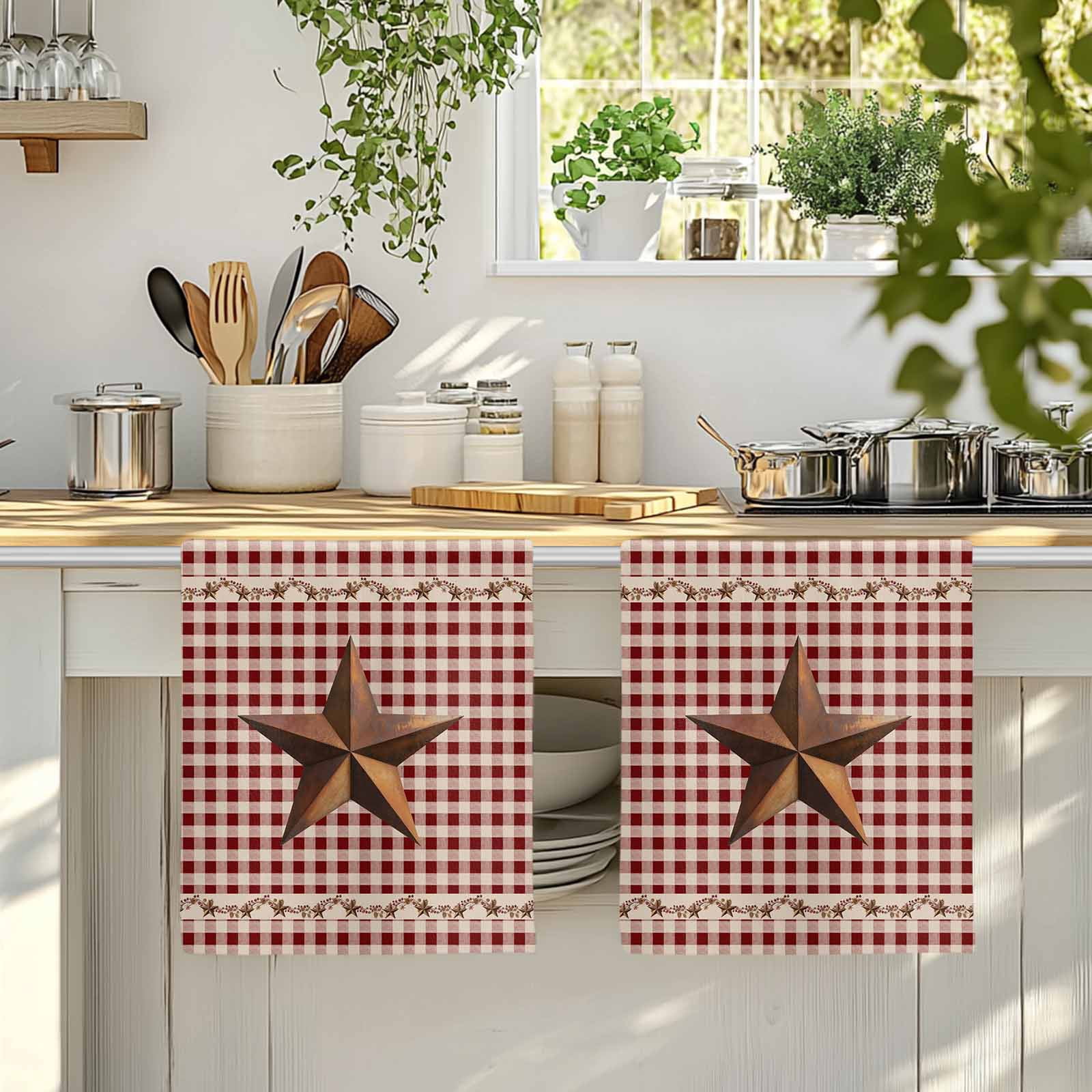 Brown Western Texas Star Vintage Kitchen Towels Set of 1, Rustic Farmhouse Red Plaid Absorbent Dish Towels for Kitchen, Microfiber Hand Towel, Quick Drying Tea Towel for Cleaning Dishcloths