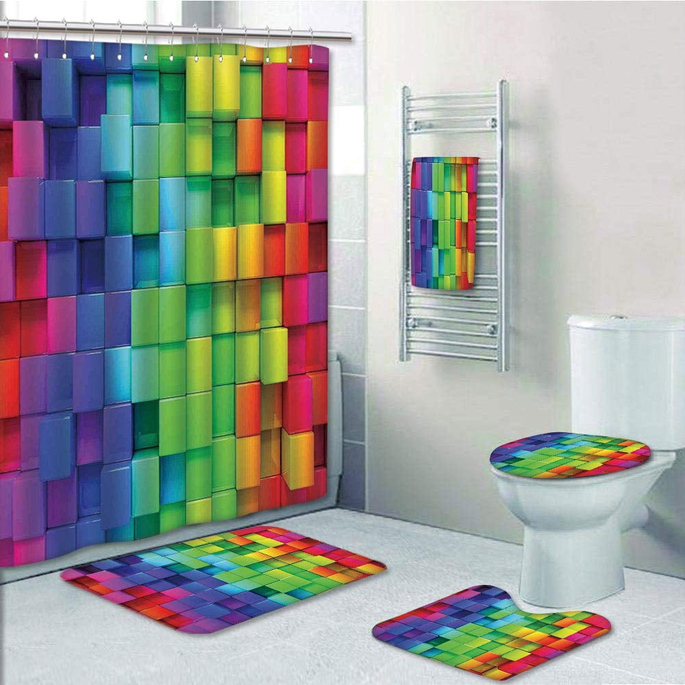 Erehome Rainbow Color Contour Display Futuristic Block Brick Like Geometric Artisan 5 Piece Bathroom Set Shower Curtain Bath Towel Bath Rug Contour Mat And Toilet Lid Cover Walmart Canada