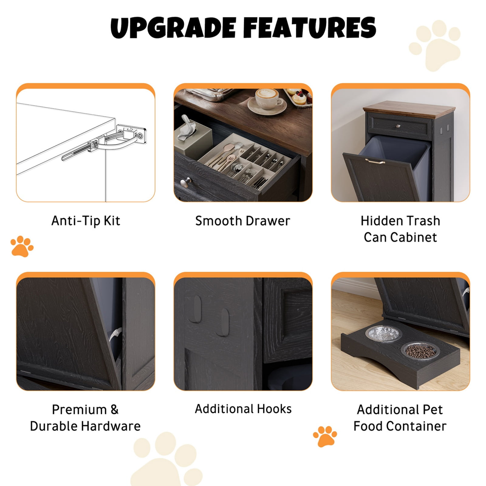 Tilt Out Trash Can Cabinet with Dog Bowl, 10 Gallons Dog Feeding Station with Storage, Dog Food Cabinet with Hideaway Drawer for Kitchen, Living Room,Laundry Room