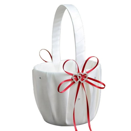 Rhinestone Basket - Remedios Ivory Satin Rhinestone 2 Hearts Wedding Flower Girl Basket for wedding