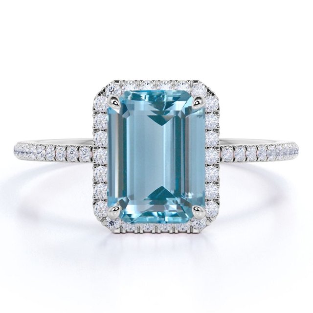 JeenMata Anillo de Compromiso de 1,75 Quilates con Aguamarina Tallada en Esmeralda y Diamantes de Doble Halo en Oro Blanco de 18 K sobre Plata