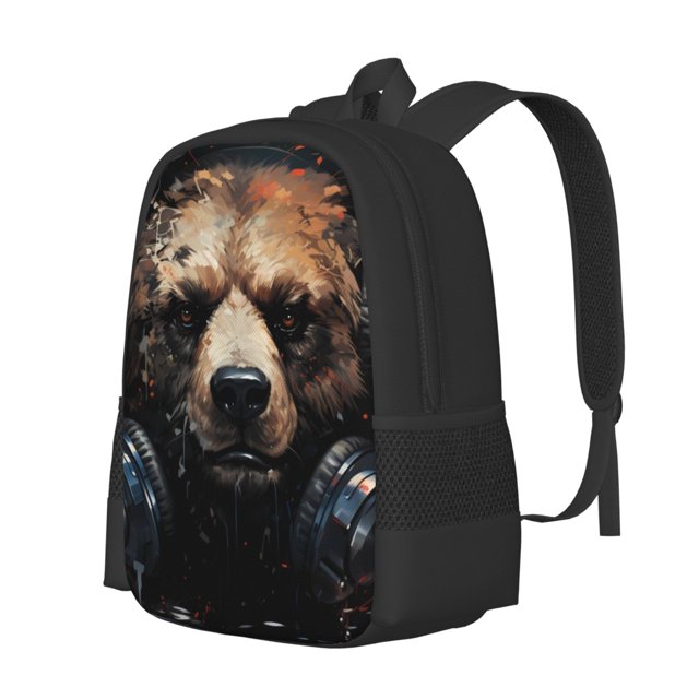 Fotbe Urban Bear With Headphones Pattern Student Backpack –School backpack Large Capacity Durable and Ergonomic Backpack with Laptop Compartment and Multiple Pockets