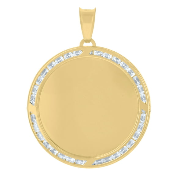 10K Yellow Gold Channel Set CZ 1.55" Charm Round Picture Memory Frame Pendant