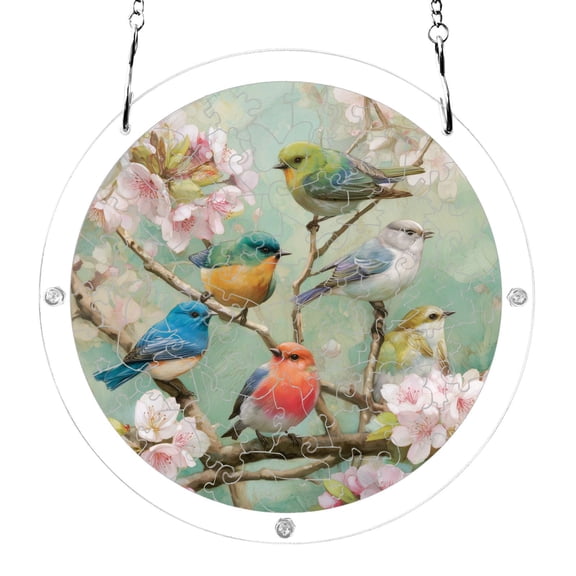 Colorful Birds on Peach Blossom Branch Acrylic Jigsaw Puzzles 83 Pieces Suncatcher for Window Hanging 7.5 Inch Holiday Home Decor