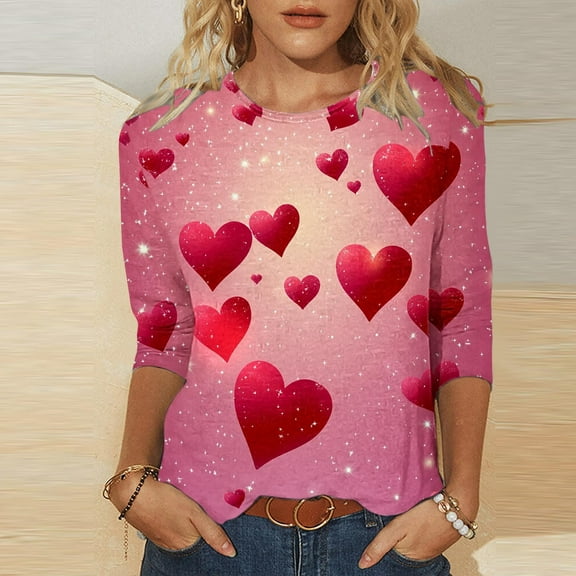 SOOMLON Valentines Day Shirts Women Couple Valentines Gift Casual 3/4 Sleeve Scoop Neck T Shirts Cute Love Heart Print Blouses Trendy Valentines Clothes 2025 Hot Pink XL