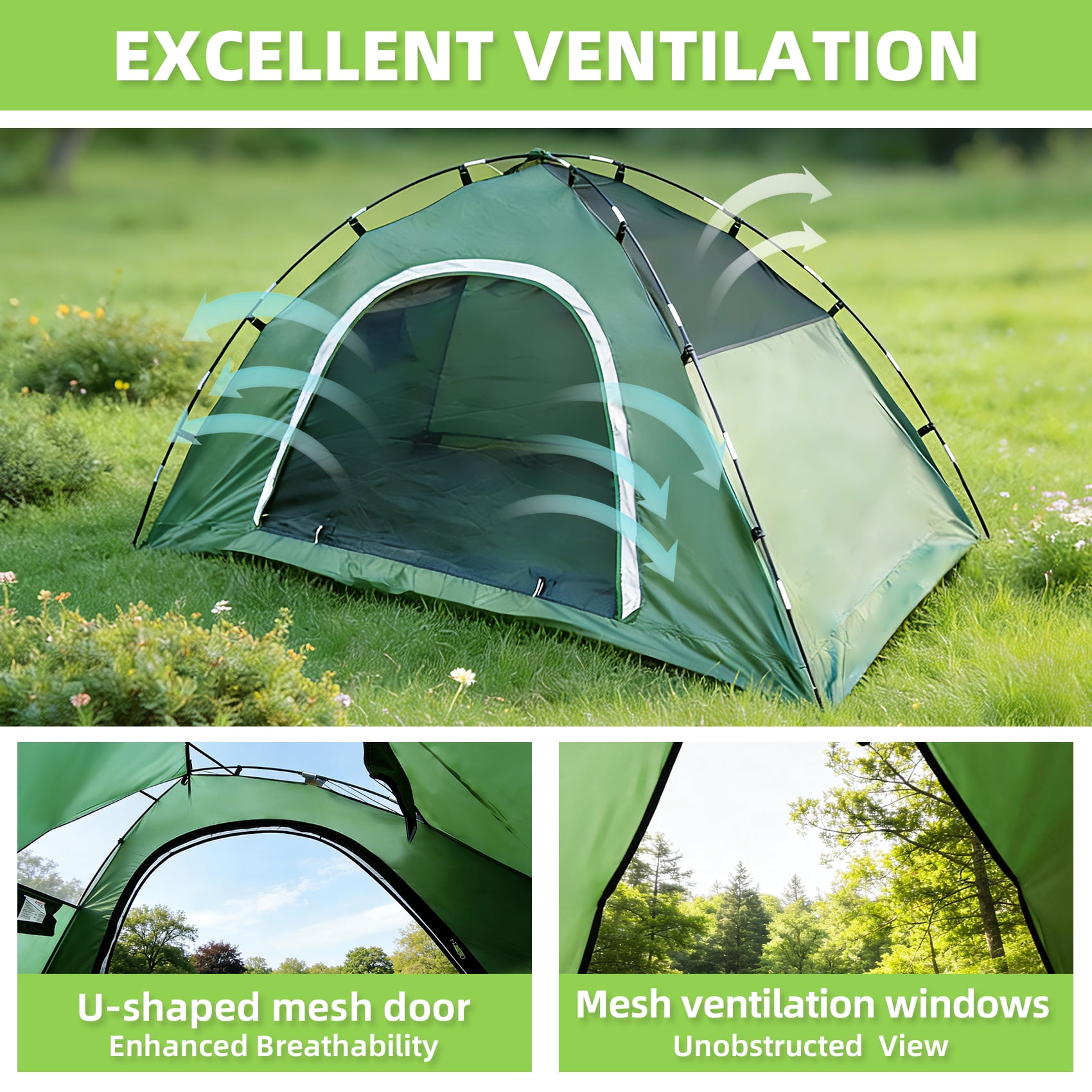 Kroyicegears Camping Tent for 2 Person-Green, 7.1'×4.3'×3.6', 4.99lbs, Two Man Easy Set-up Dome Tent