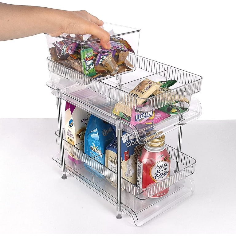 2 Tier Clear Bathroom Organizer with Dividers - Pull Out Drawers