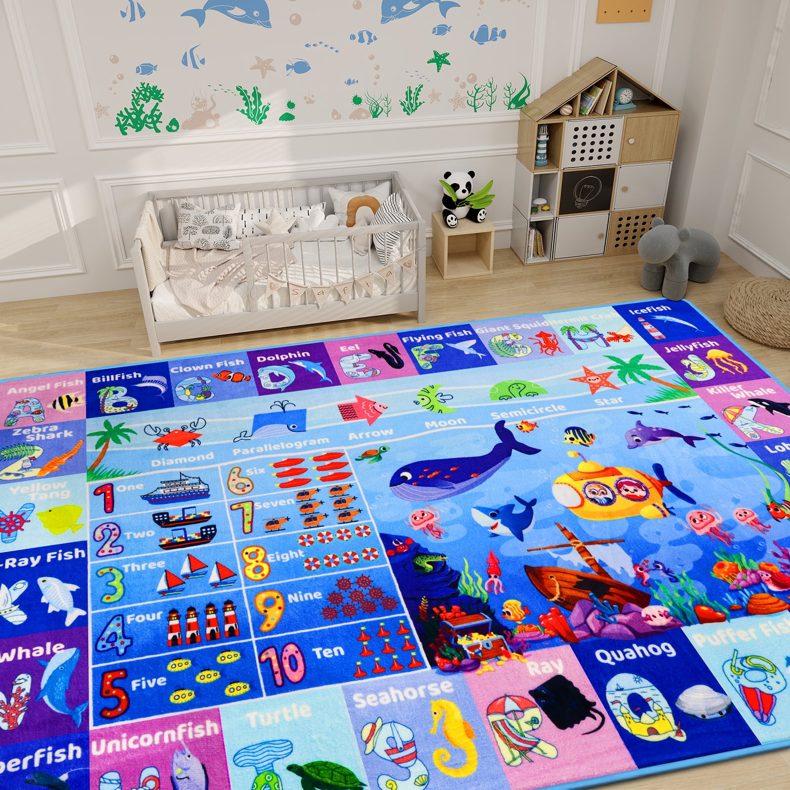 AKASISRUG ABC Kids Rug for Playroom 47"×31.5" Ocean Rug Baby Play Mat Alphabet Rug Sea Animal Number Shape Classroom Rug Kids Playroom Rug Early Learning Carpet for Preschool Toddlers