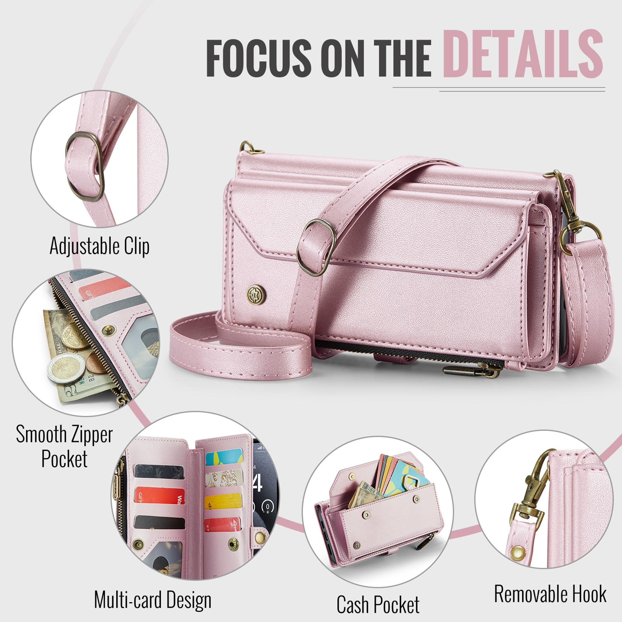 Dteck Crossbody Wallet Case for iPhone 16 RFID Blocking 10-Card Holder Soft PU Leather Magnetic Snap Shoulder Strap Zipper Pocket Phone Case Fit for iPhone 16,Pink