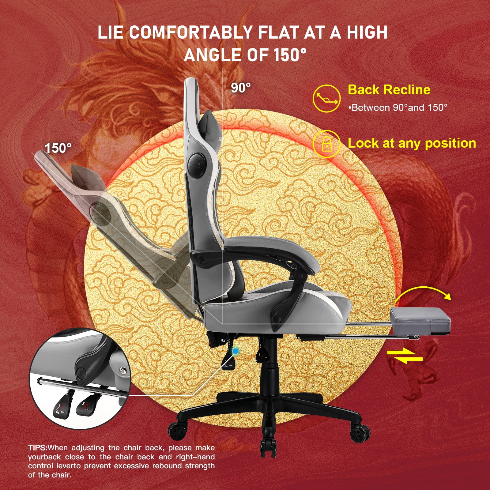 GTPLAYER Gaming Chair with Bluetooth Speakers and Footrest Office Desk Chair, Gray