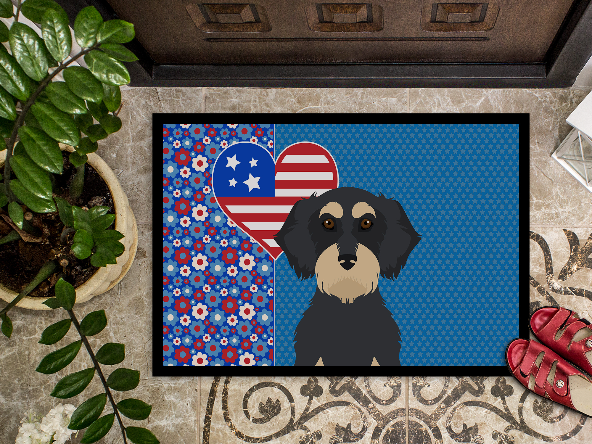 Wirehair Black and Cream Dachshund USA American Indoor or Outdoor Mat 24x36