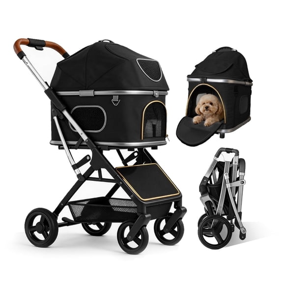 SteAnny Pet Stroller 4-Wheels for Medium Dogs/ Cats Upto 55lbs, 2-in-1 Convertible Design with Removable Carrier & One-Click Folding (Black))