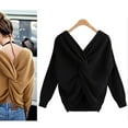 thumbnail image 3 of Aellinatey Women Batwing Long Sleeve Sweater Sexy V-Neck Criss for Cross Twisted Back Pullover Tops Solid Color Loose Knitted Jumpe, 3 of 20
