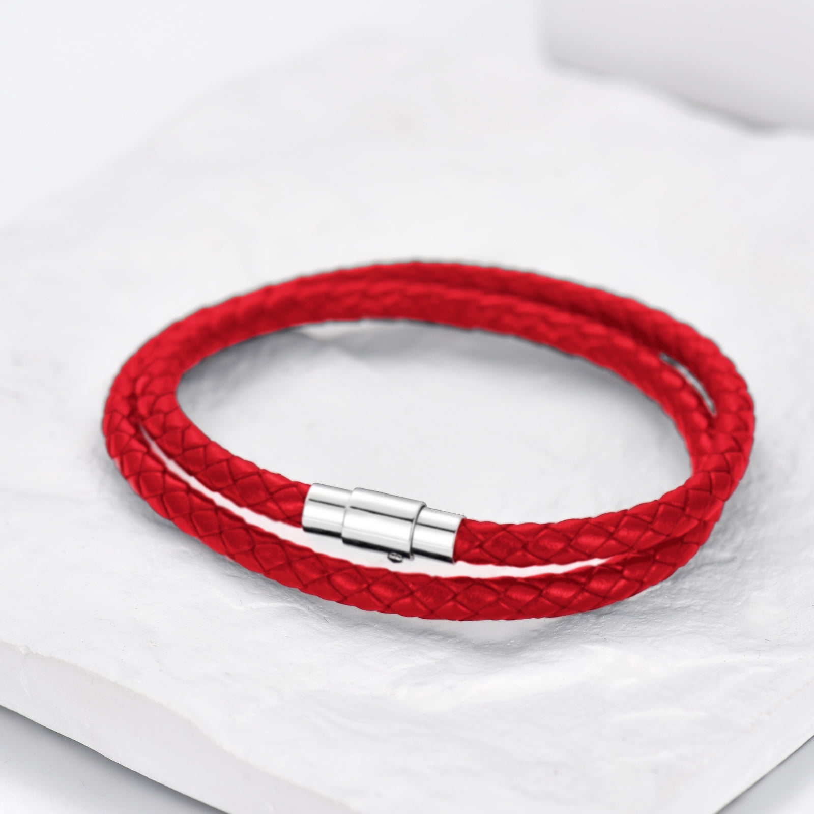 WINNICACA Italian Leather Cuff Bangle Bracelet Genuine Double Wrap Red Braided Birthday Anniversary Fathers Valentines Day Gifts for Men