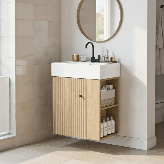 Resenkos 21.6" Modern Floating Bathroom Vanity with Ceramic Basin, Right Side Storage, Perfect for Small Bathrooms - Brown