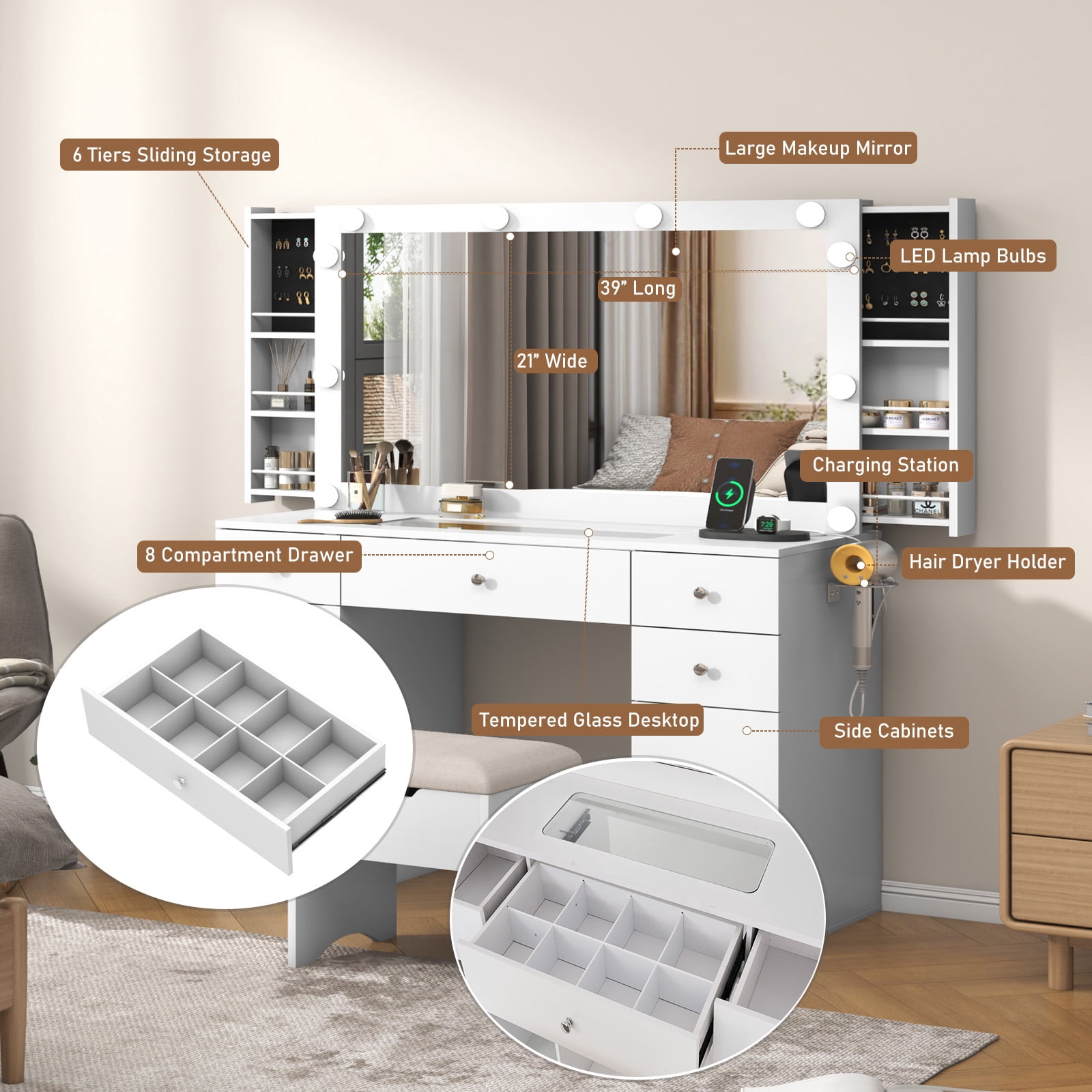 White Vanity Desk with Large Lighted Mirror & Power Outlet, Makeup Vanity Table with Glass Top & Drawers, Sliding Storage, Vanity Set with Storage Stool