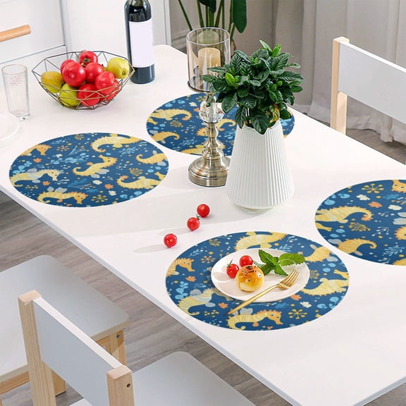 Round Grid Placemat ,One Sizex1, Round Placemat, PVC Plate Mat,15.4 Inch Non-Slip and Heat Resistant, Table Placemat, Dining Room Placemat Cartoon Yellow Seahorse
