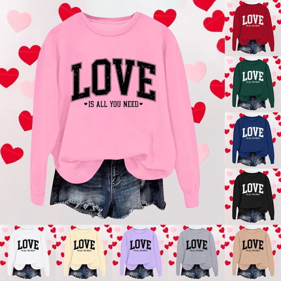 Valentine Day Sweatshirt for Women Love Heart Printed Pullover Top Cute Long Sleeve Crew Neck Casual Sweatshirts Beige L