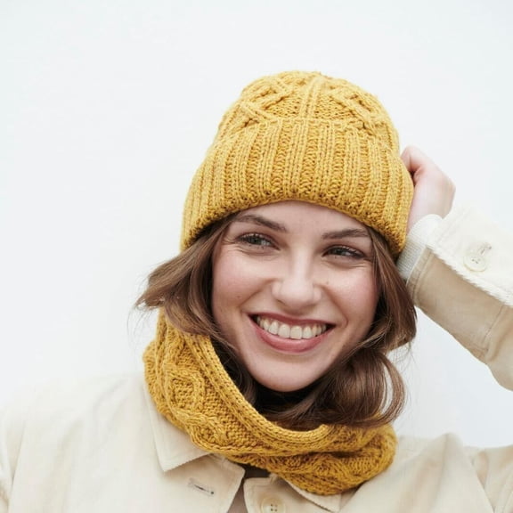 Cable Knit Yellow Diamond Beanie Hat One Size Made By Aran Woollen Mills