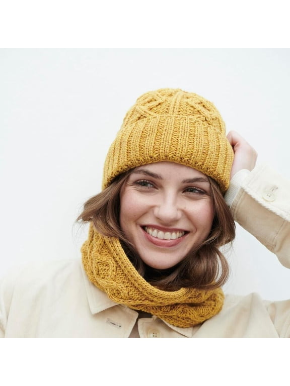 Cable Knit Yellow Diamond Beanie Hat One Size Made By Aran Woollen Mills