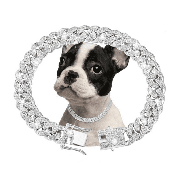 Silver Dog Chain Collar Diamond Cuban Link Dog Collar 13mm Wide Dog Necklace Metal Cat Chain Pet Crystal Collar Jewelry Accessories for Small Medium Large Dogs Cats(10inch)