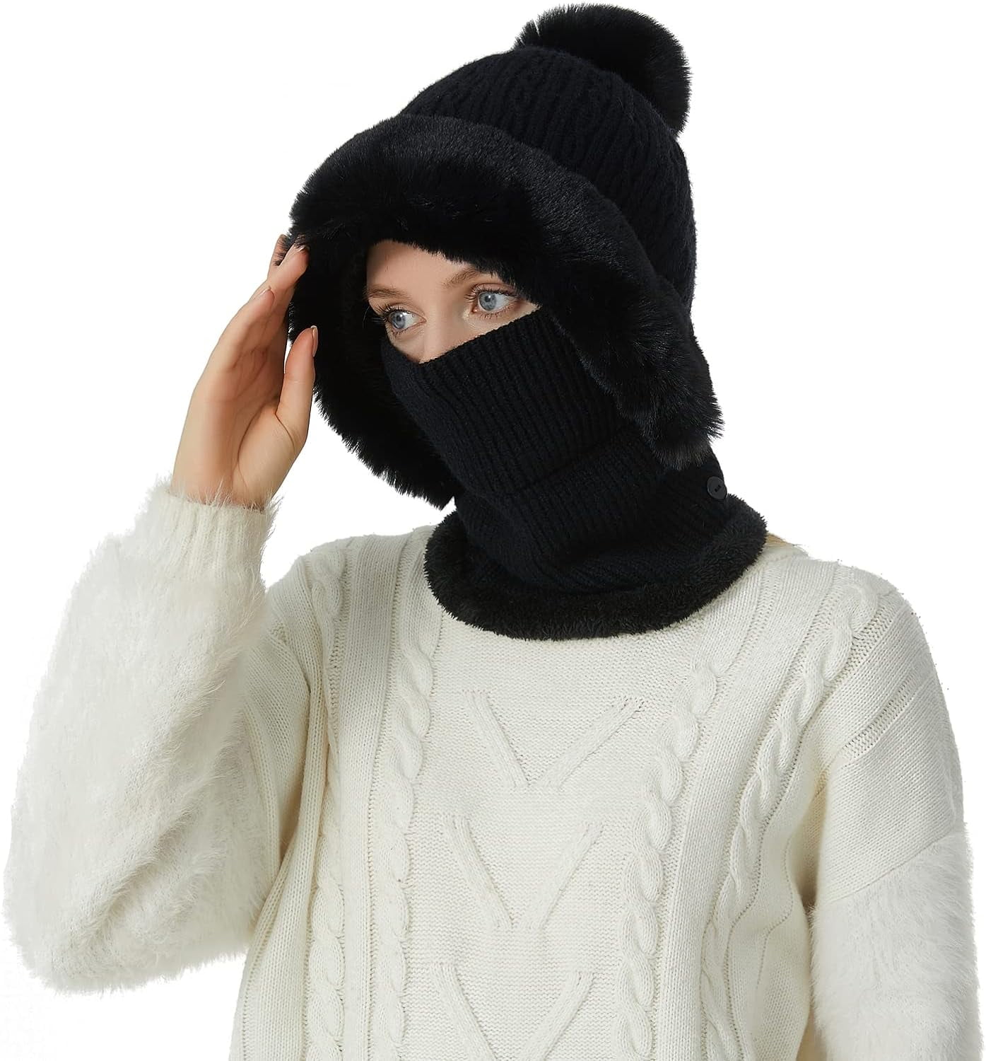 Zhengup Women Balaclava Visor One-Piece Skull Beanie Hat Neck Circle Scarf Ski Snow Winter Knit Fleece Cap Cold Weather