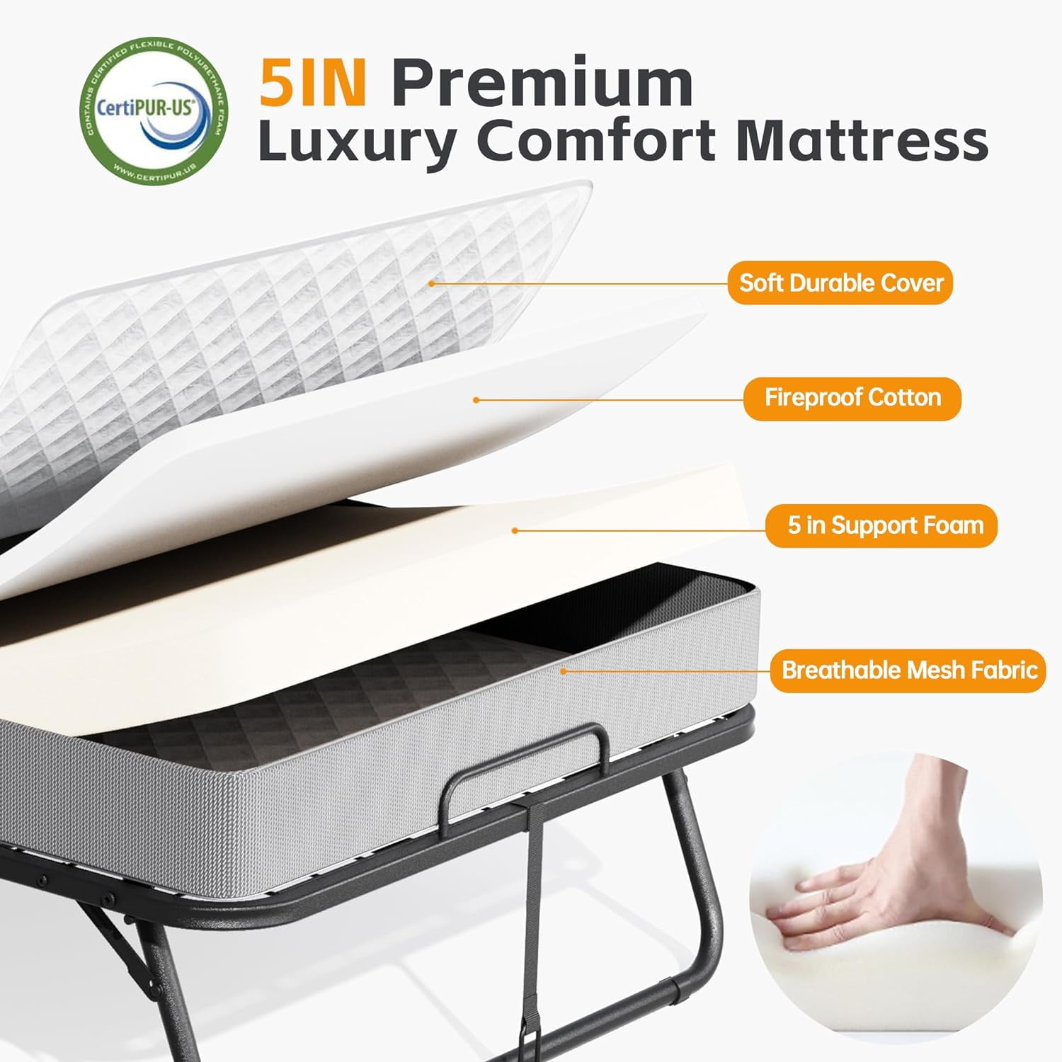 SUNCROWN Folding Bed with Mattress, 75" x 31"Portable Foldable with 5" Thick Foam Frame Roll Away Beds, Single Cot Folded Bed for AdultsStudents, Small Apartment, Camping