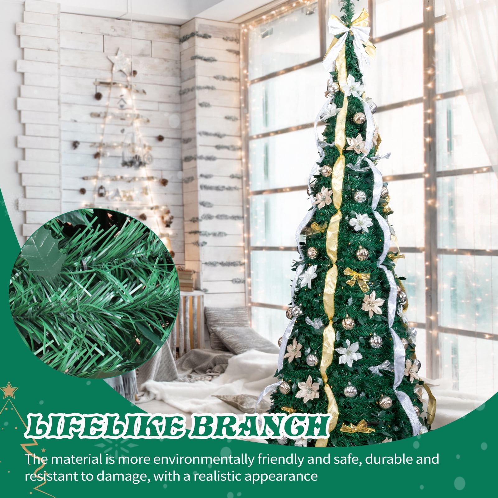7 FT Fully Decorated Pre-lit Christmas Tree, Pop Up Artificial Xmas Tree with 200 Warm Lights Remote Control and Godlen & Silver Ornaments for Home Office Store Holiday Decor