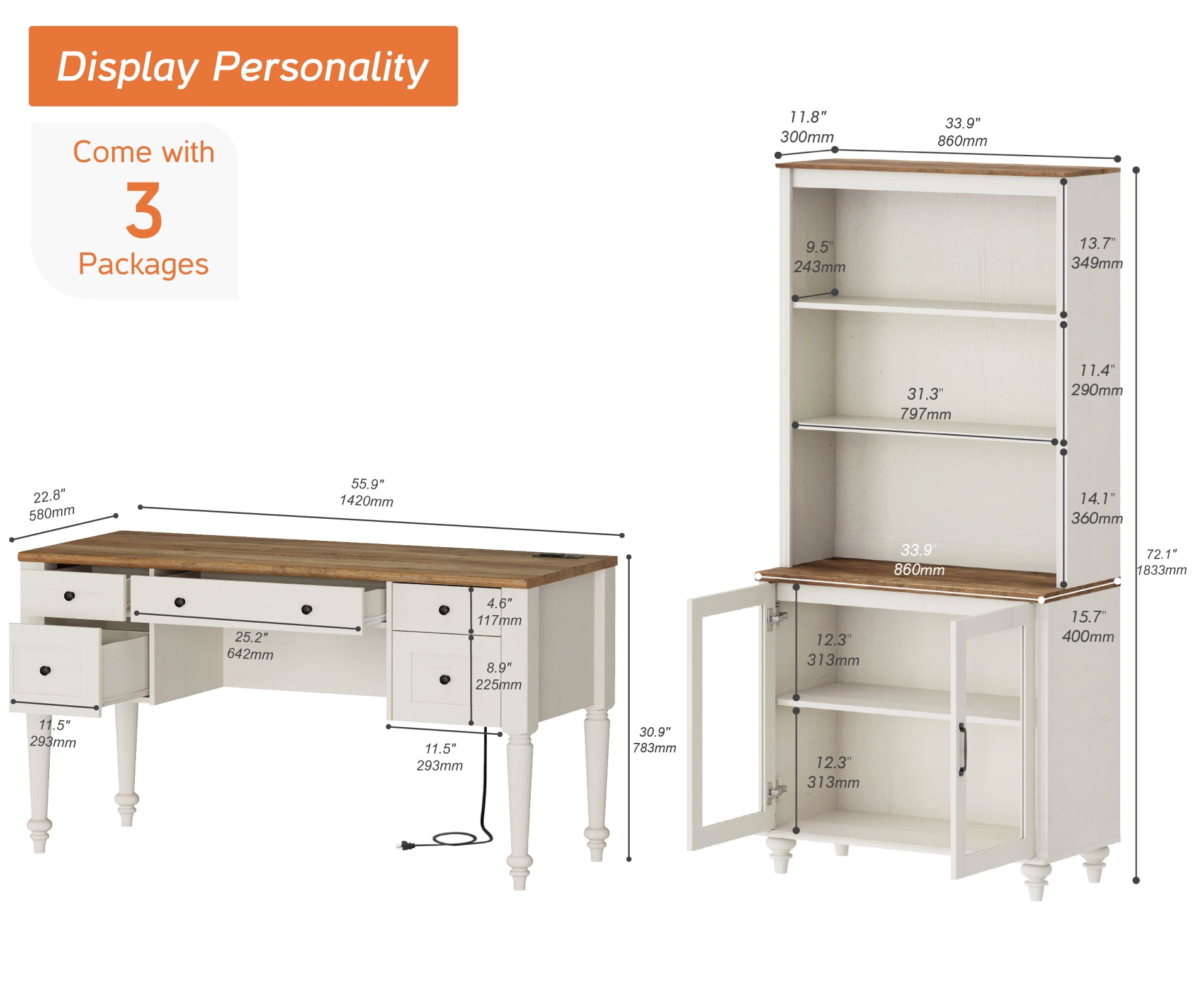 White Home Office Furniture Set, 56" Executive Desk with Charging Station, 72" Tall Bookcase with 2 Glass Doors, Wood Computer Desk with File Cabinet Storage, Open Shelf
