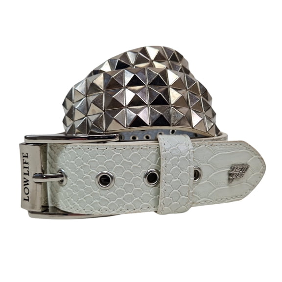 Triple Studded Leather Belt White Snakeskin - Lowlife in size 40" - 42" Waist (XL)