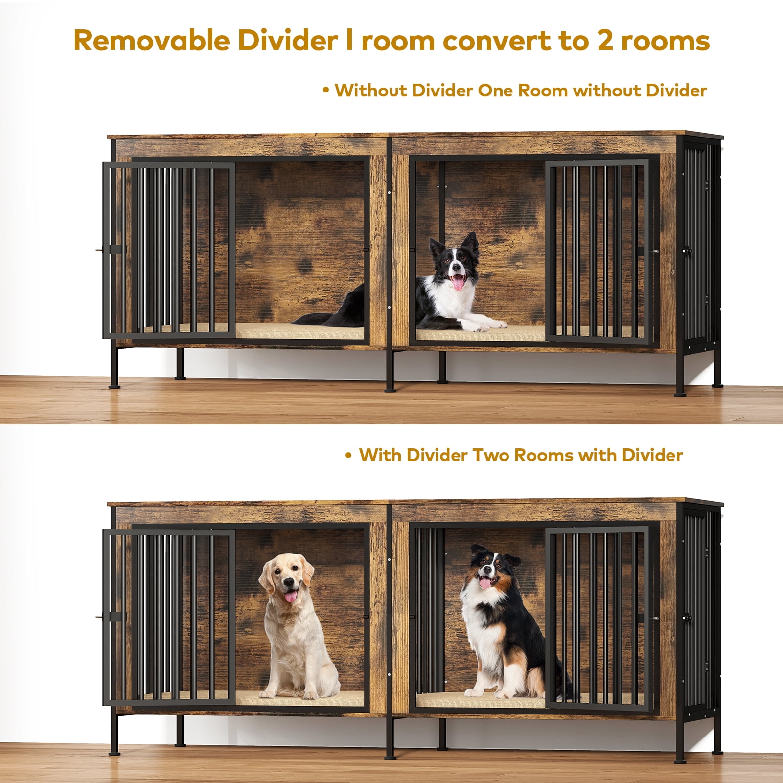 TIME RAY 78 Inch Dog Crate Furniture for Large Dog,Wood Dog Kennel Furniture Indoor with Removable Divider,Dog Cage Furniture as TV Stand,Brown