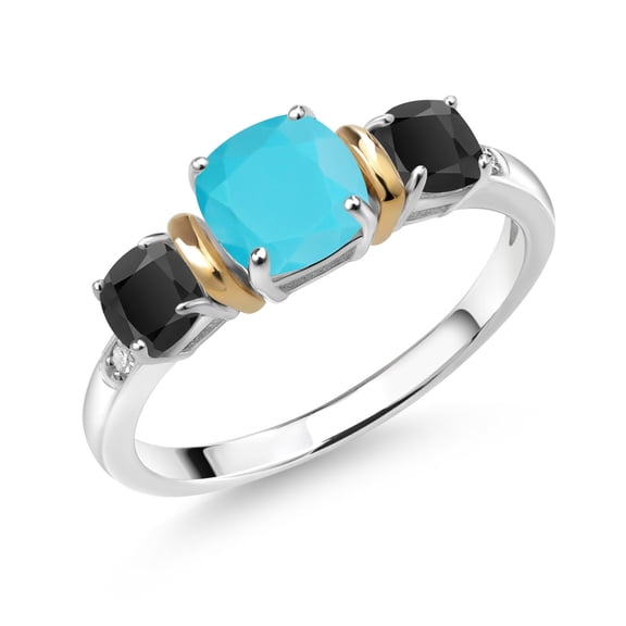 Gem Stone King 1.48 Ct Cushion Green Turquoise Black Onyx 925 Silver and 10K Yellow Gold Ring (Size 5)