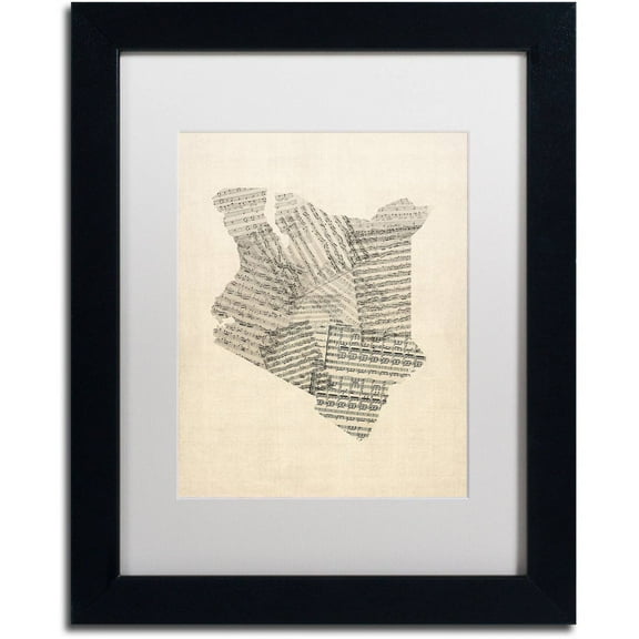 Trademark Fine Art 'Old Sheet Music Map of Kenya' Canvas Art by Michael Tompsett, White Matte, Black Frame