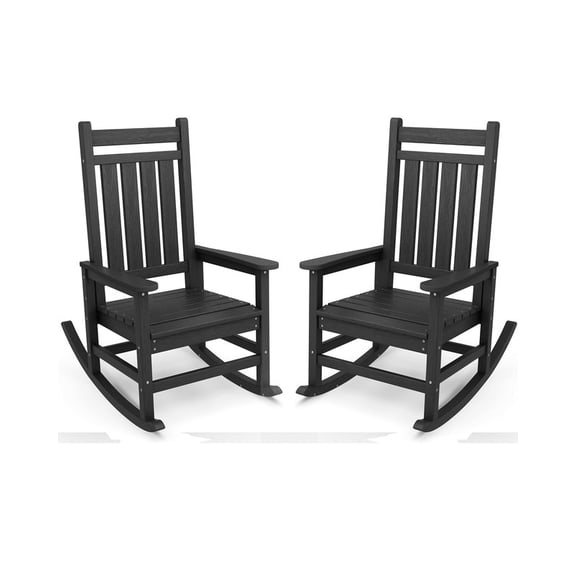 VOUA Outdoor Rocking Chair Set of 2 HDPE Plastic All Weather Slatted for Lawn Garden Deck Outside, Black