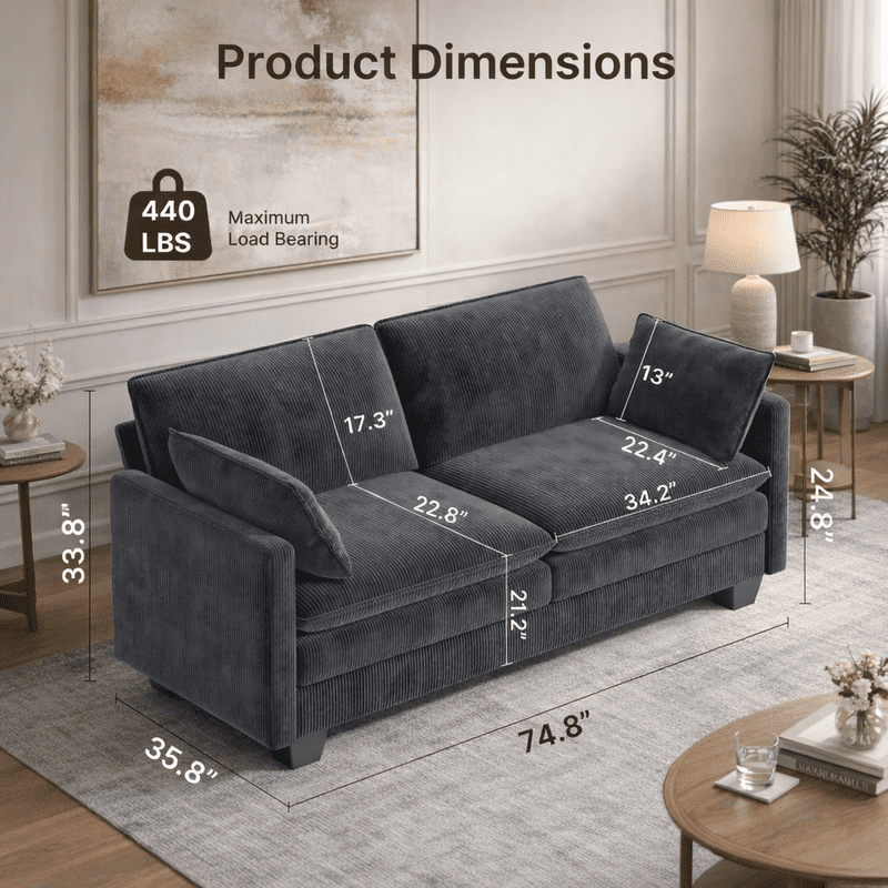 75" Corduroy Cloud Loveseat, 2 Seater Sofa with Removable Washable Cover for Living Room/Bedroom/Apartment, Breathable, Pet Friendly Comfy Couch, Dark Gray