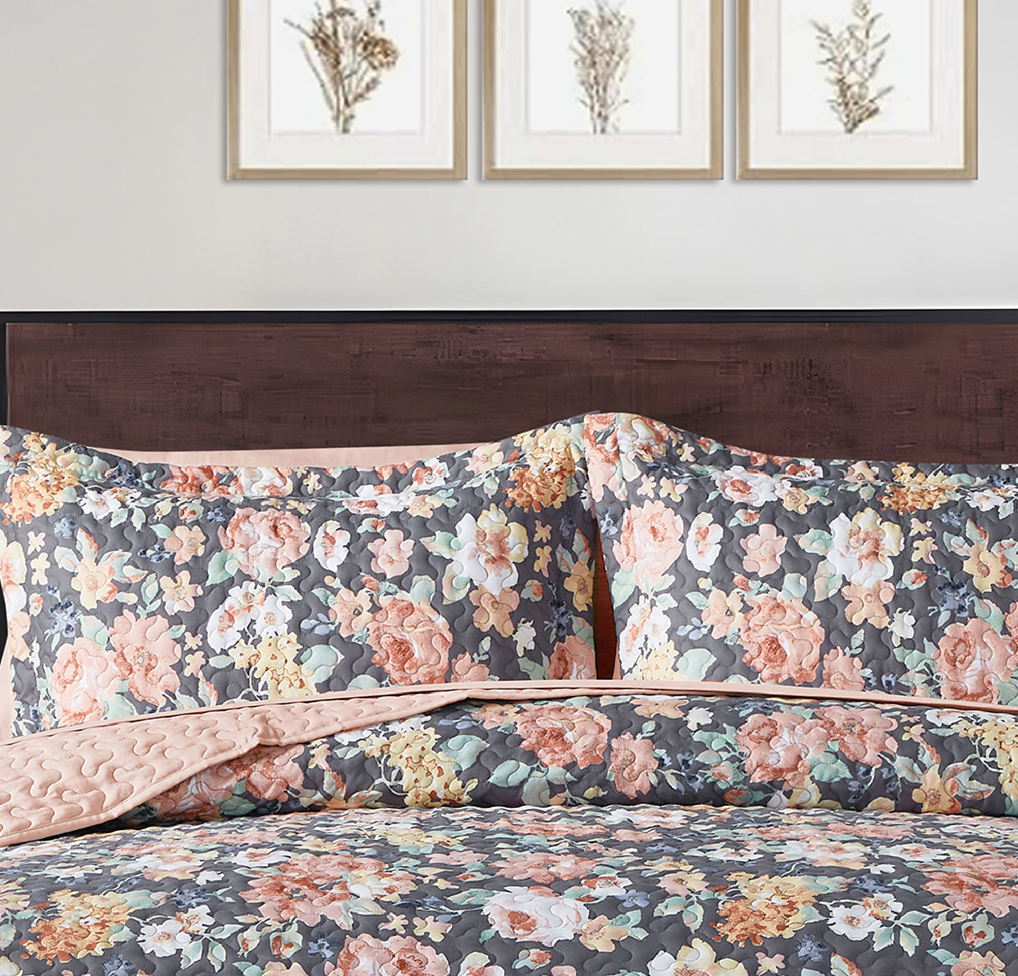 Mainstays All in One Lightweight Quilt Set and Sheet Set -7 Piece, Queen, Grey Floral