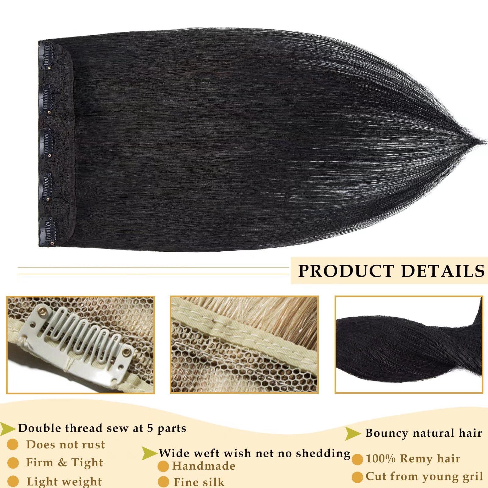 MY-LADY 10''-24'' 5 Clips in Human Hair Extensions Thick Real Natural Hair Pieces 100% Full Head Remy Hair 10inch #01 Jet Black（Thin）