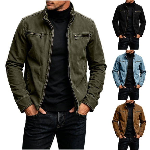 Men Stand Collar Cargo Jacket, Long Sleeve Full Zip Jacket Vintage Washed Cotton Zip Pocket Casual Workwear Trucker Coat Size 3XL Army Green