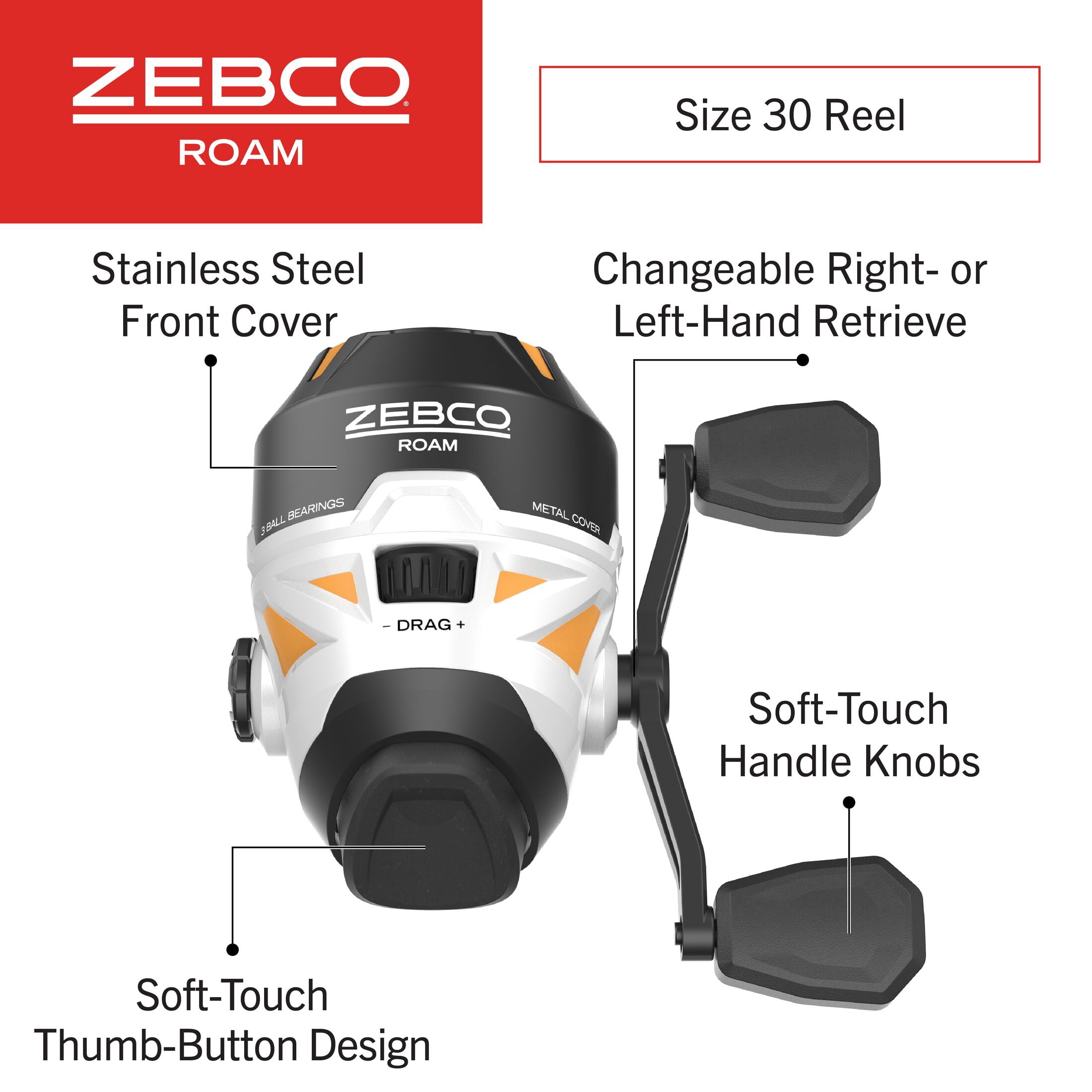 Zebco Roam Spincast Reel and Fishing Rod Combo, 6-Foot 2-Piece Fiberglass Fishing Pole with ComfortGrip Handle, QuickSet Anti-Reverse Fishing Reel, Pre-Spooled with 10-Pound Zebco Line, Orange