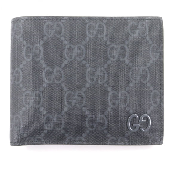 Pre-Owned GUCCI 768243 Leather GG Supreme Canvas Double G Logo Hardware Bi-fold Wallet Gray...