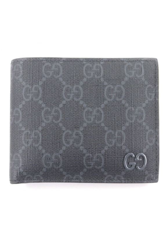 Pre-Owned GUCCI 768243 Leather GG Supreme Canvas Double G Logo Hardware Bi-fold Wallet Gray...