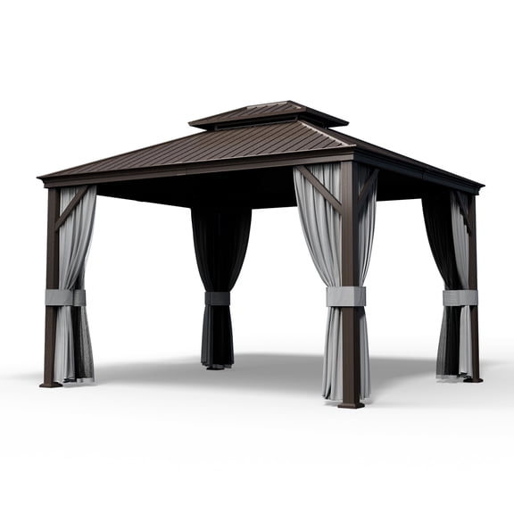 Pamapic 10 ft. x 12 ft. Brown Metal Hardtop Gazebo with Curtains