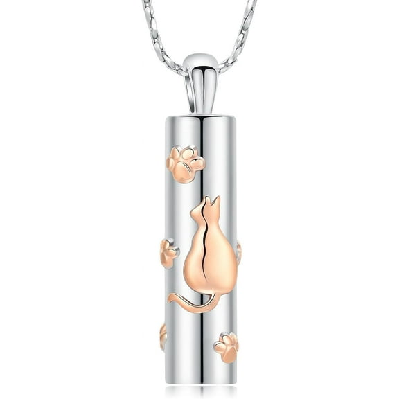 Pet Cremation Jewelry Cylinder Cat Urn Necklace for Ashes Paw Print Ashes Pendant for Women Men Pet Stainless Steel Keepsake Memorial Urn Jewelry