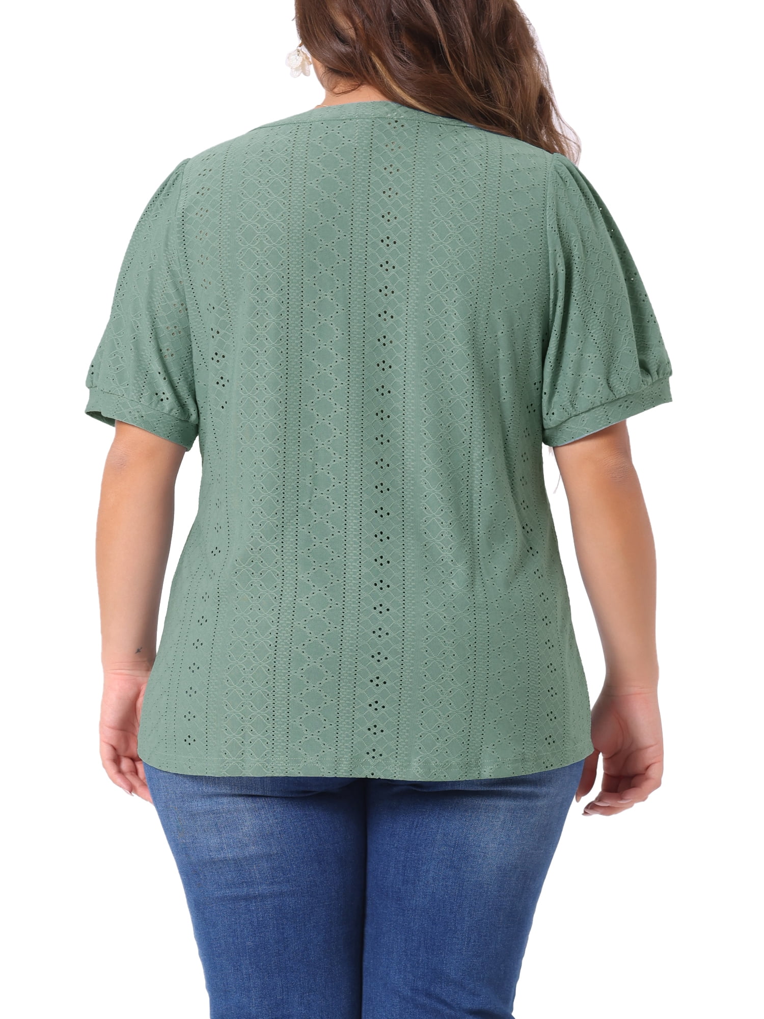 Women's Plus Tops Hollow Casual V Neck Short Sleeve Summer Blouse Shirts 5X Green