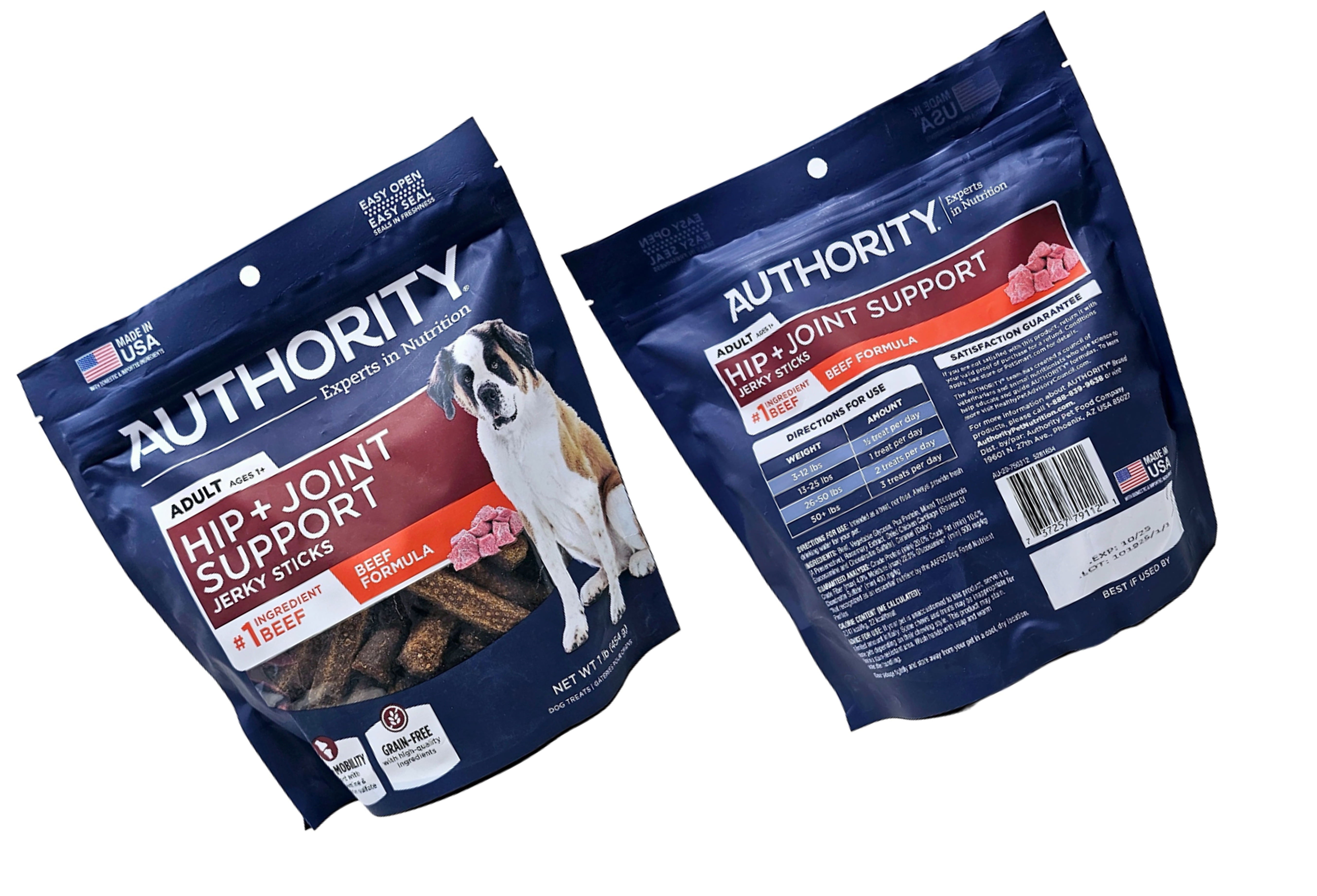 Authority Hip and Joint Support Beef Jerky Sticks 1lb Dog Treats