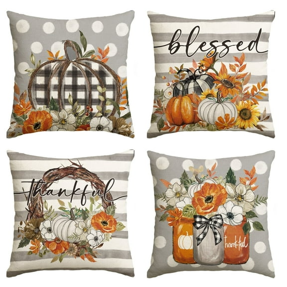 Sm:)e Set of 4 Fall Pillow Covers 18x18 Inch - Autumn Decorative Throw Pillowcases with Buffalo Plaid Pumpkin, Sunflowers and Flower Vase