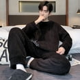 thumbnail image 6 of comerut 2 Pcs/Set Men Winter Pajamas Set Round Neck Long Sleeve Thick Twisted Texture Loose Elastic Waist Warm Soft Pockets Contrast Color Men Homewear Top Pants Set, 6 of 8