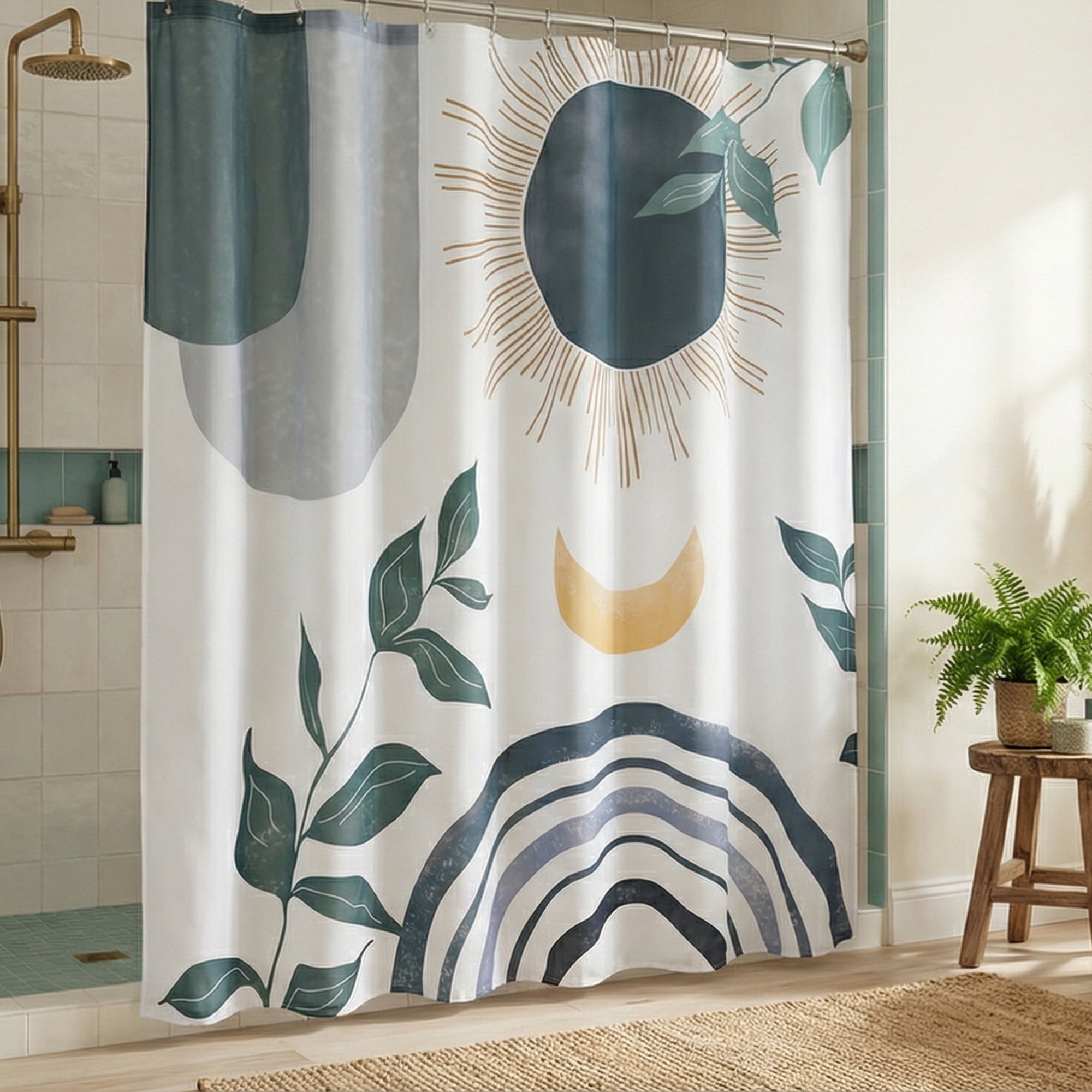 Unique Bargains Leaf Print Shower Curtain Bohemian Waterproof Set Grey Black 71"W x 71"L
